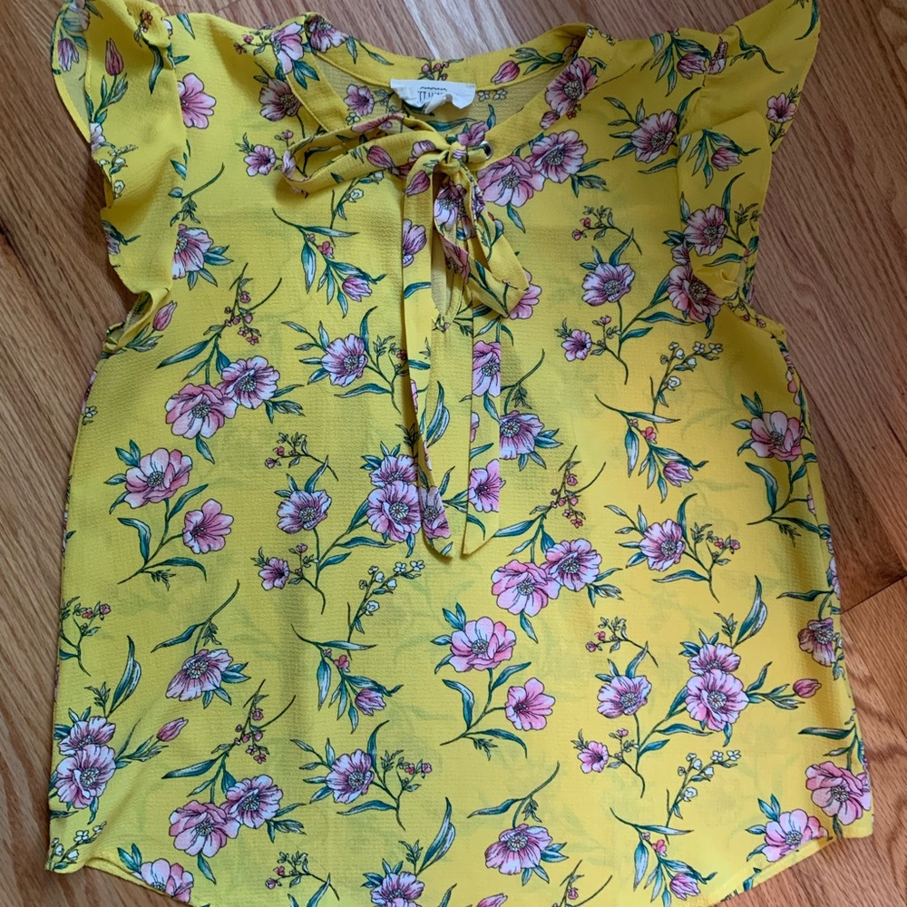 Yellow floral design blouse with ruffle shoulders